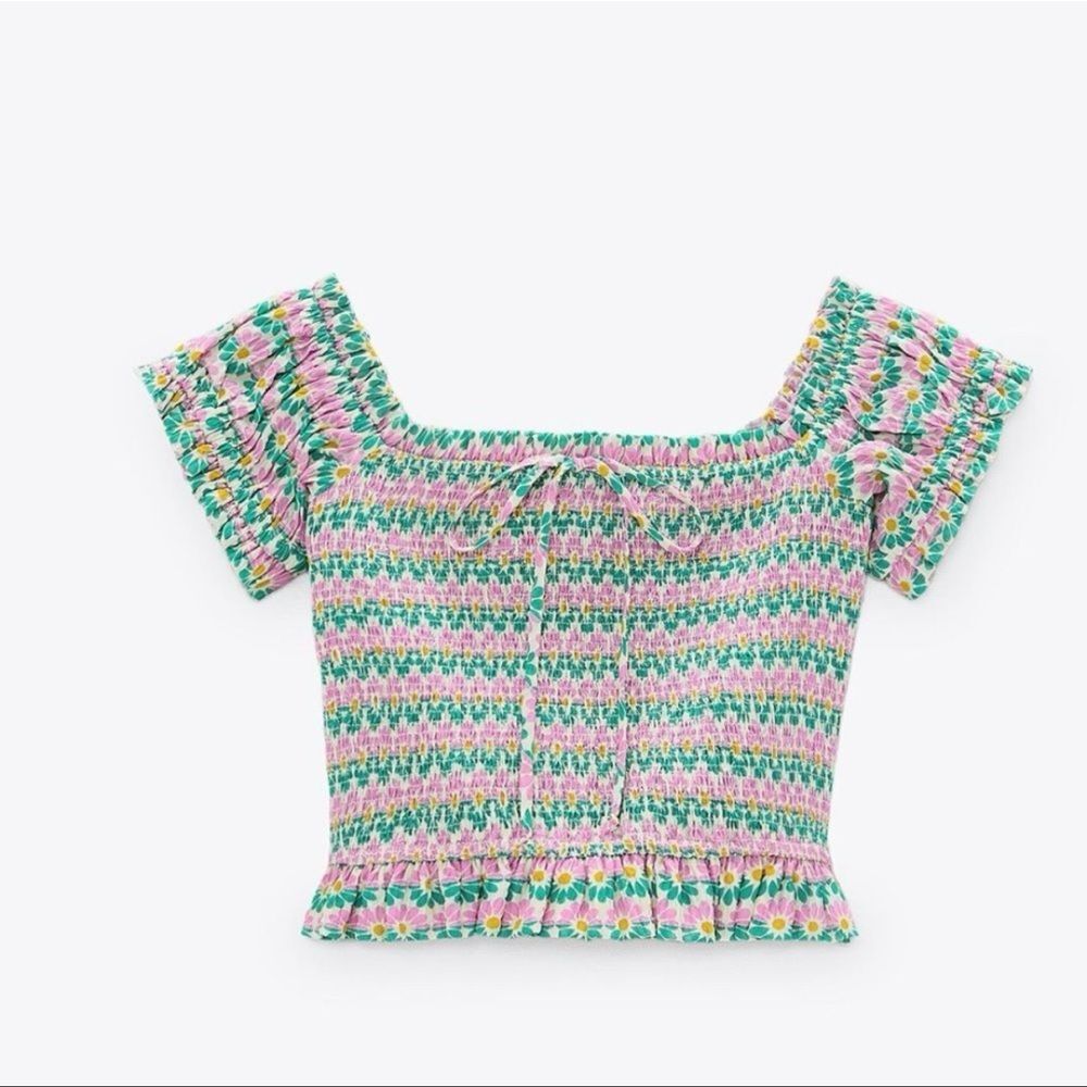 Zara Floral Printed Smocked Crop Top – Size Medium
